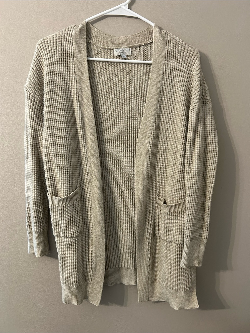 Beige Waffle Open-Front Cardigan